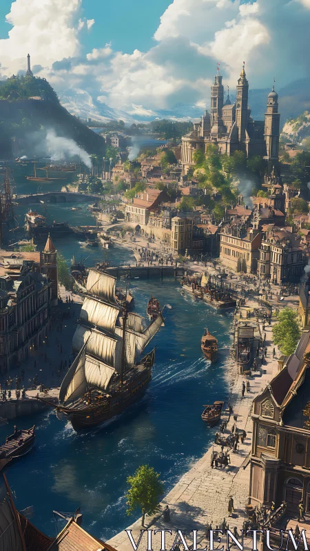 Digital painting of grand canal port city with fortress skyline.