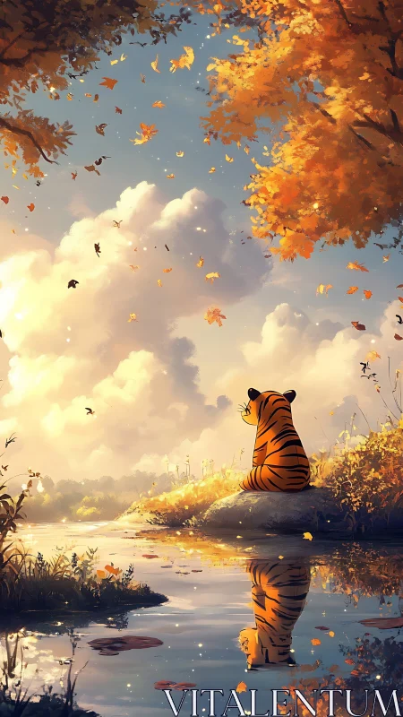 Solitary tiger observing autumn river under drifting leaves.