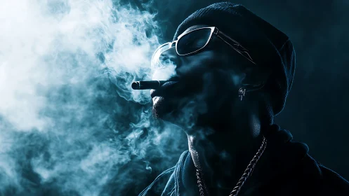 Smoky portrait of man in sunglasses with cigar at night.