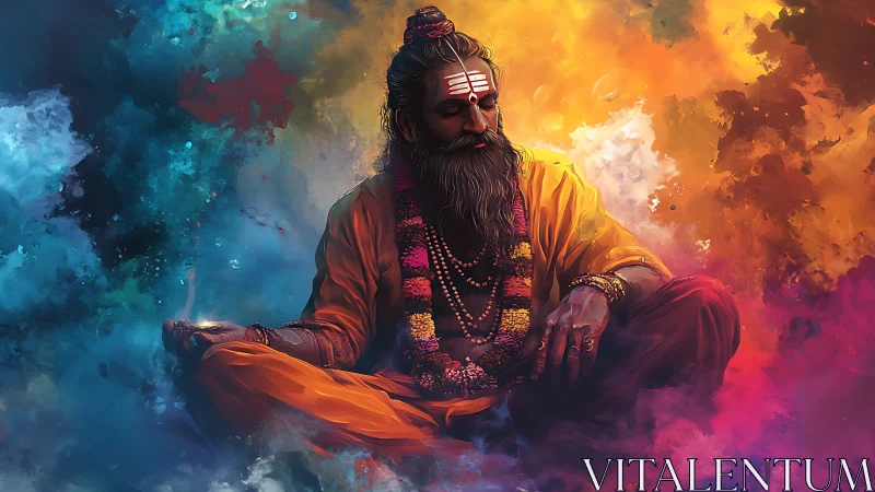 Mystic ascetic in meditative pose amid radiant color clouds.