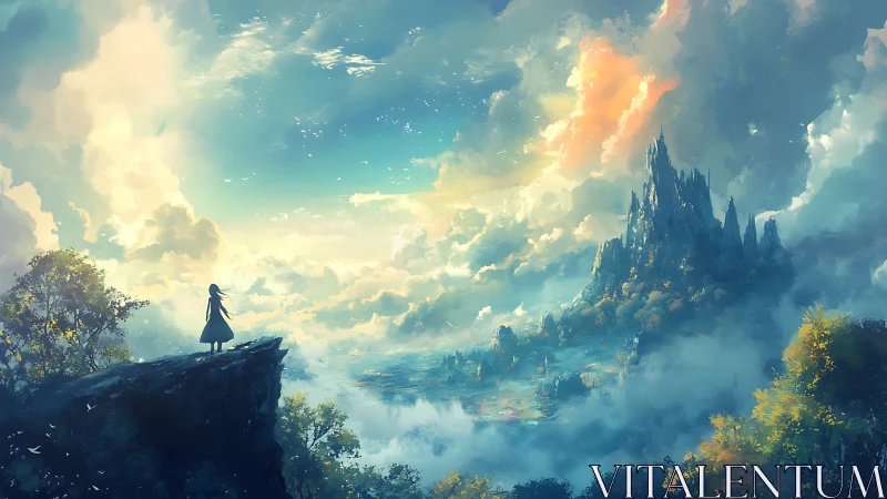 Solitary wanderer surveys luminous skyborne citadel