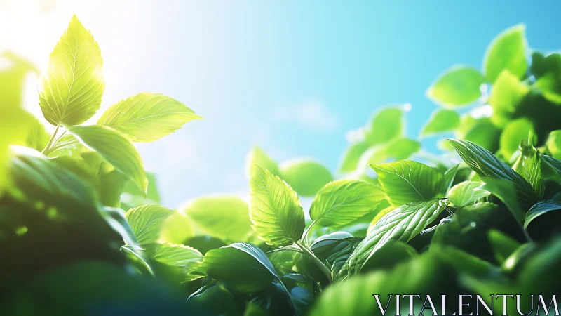 Sunlit green leaves glow against clear morning sky