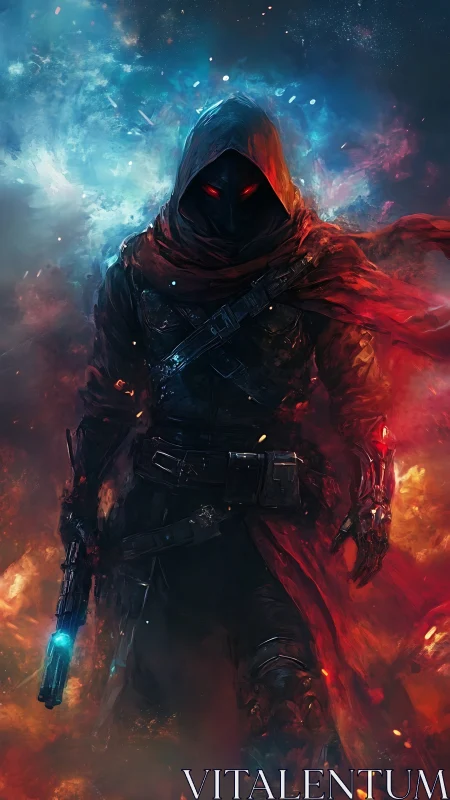 Hooded plasma gunner strides through dual-flame nebula.