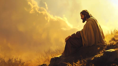 Figure seated on hillside under dense golden sky.