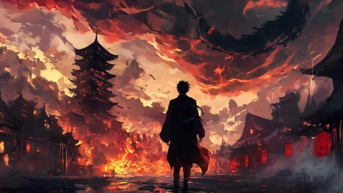 Solitary warrior facing burning samurai city and vortex sky