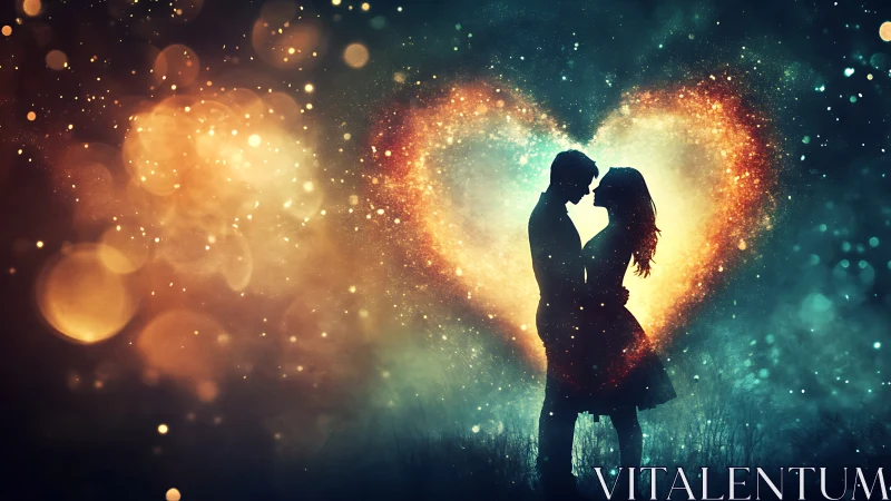 Silhouetted couple embraces within luminous heart of golden bokeh particles.
