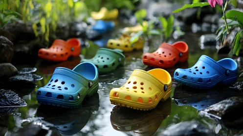 Colorful rubber clogs arranged in a shallow stream outdoors