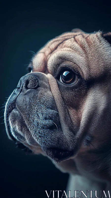 Side profile close-up of wrinkled short-muzzled dog head.