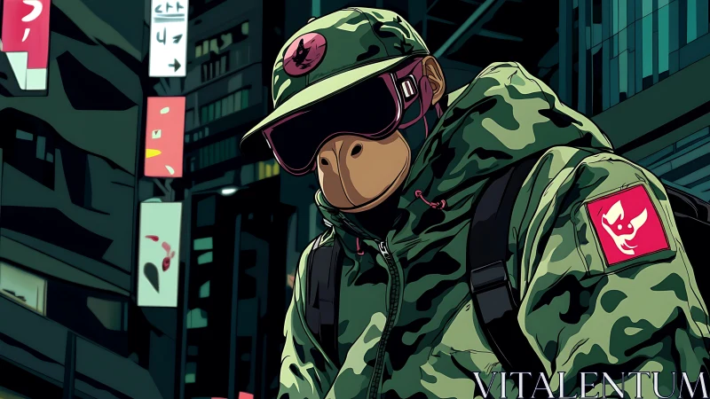 Streetwise simian stalks neon canyons in urban camo armor