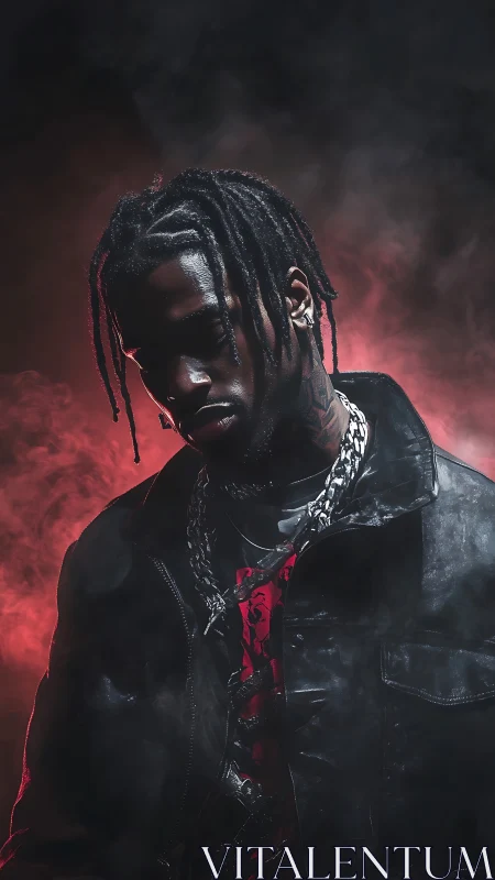 Moody hip-hop portrait glows against red cinematic haze.