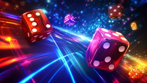 Glowing red dice rolling through neon light streaks.
