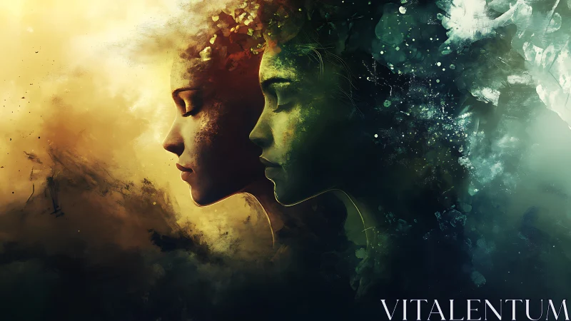 Twin dreaming silhouettes drift between ember and ocean night