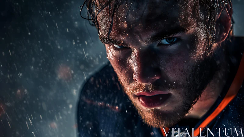 Intense athlete stares through rain in a dramatic close portrait
