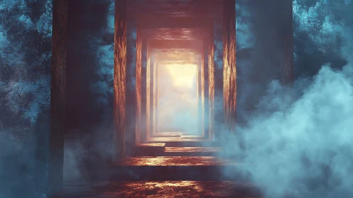Rustic corridor recedes into bright light through dense fog