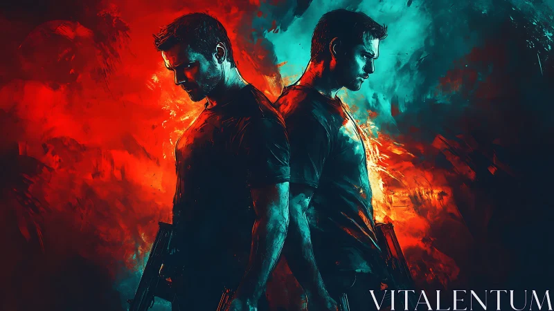 Dual-wielded destinies ignite in neon chaos and gunmetal fire.