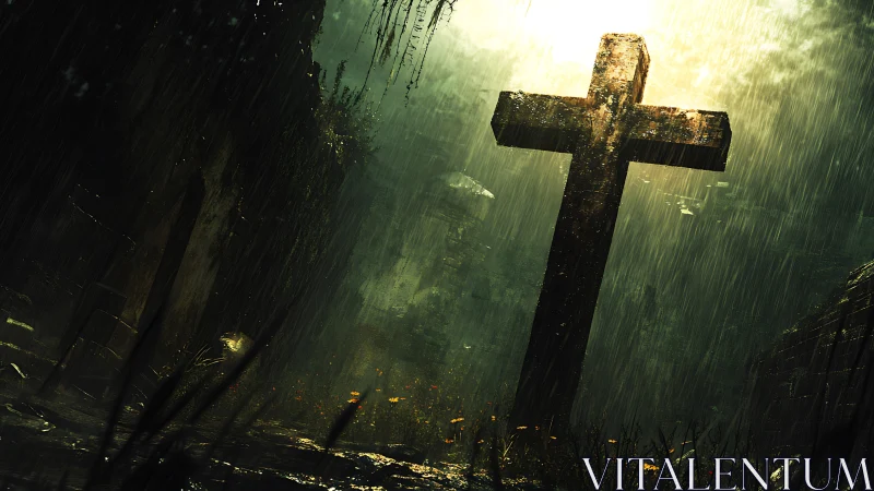 Weathered stone cross leans under storm light in graveyard