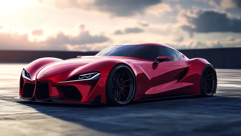 Red concept supercar glows over wet rooftop at sunset.