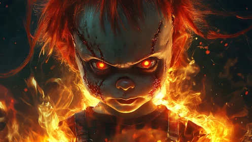 Evil red haired doll with glowing eyes surrounded by fire.