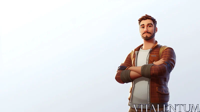 3D cartoon man in casual plaid jacket on clean background.