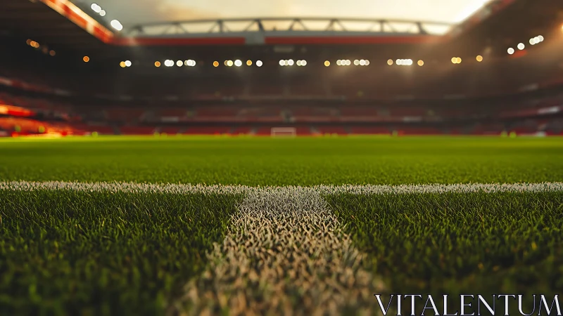 Soccer pitch touchline close-up in large modern stadium.