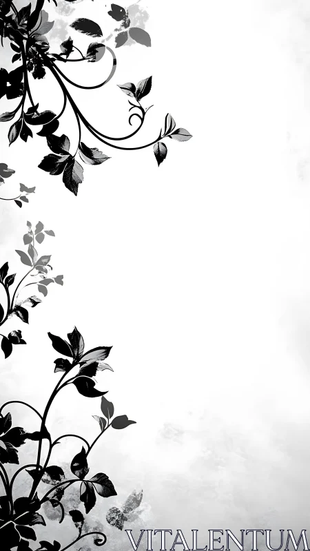 Ink-twined floral vines climbing a quiet white skyscape.