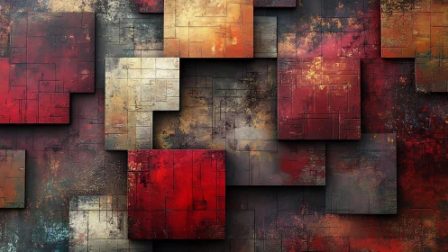 Abstract geometric squares wall art in red, orange, and beige tones.