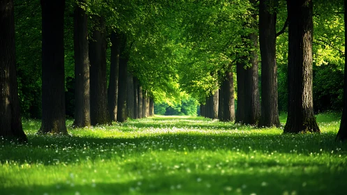 Lush Green Tree Avenue in Sunlight, Nature Photography Style.