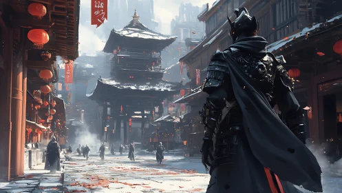 Armored warrior surveys snow-dusted feudal street in cinematic depth