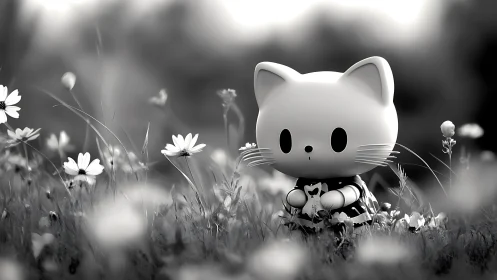 Monochromatic Three-Dimensional Feline Character in Wildflower Field.