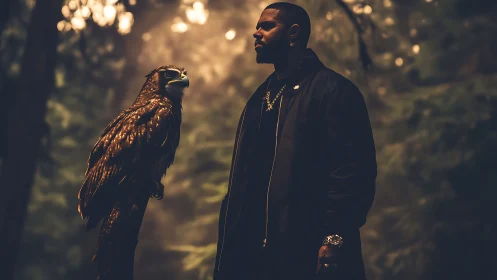 Man and Hawk in Dramatic Forest Light, Cinematic Portrait Style.