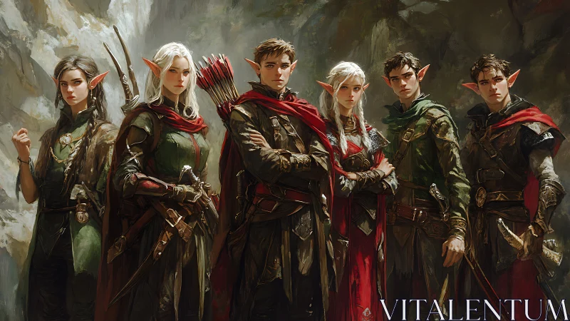 Elven ranger party stands in layered cloaks and tactical armor