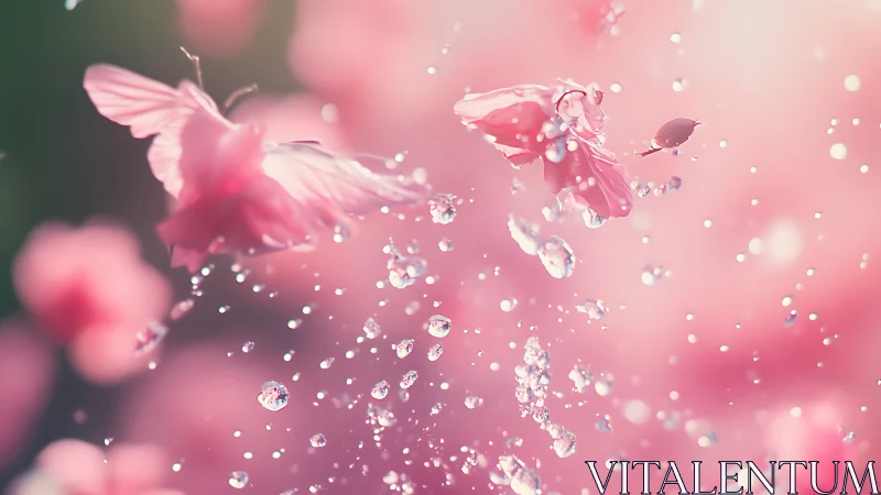 Macro capture of pink petals and water droplets in motion.