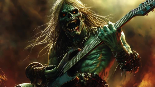 Undead metal guitarist roaring through apocalyptic inferno.