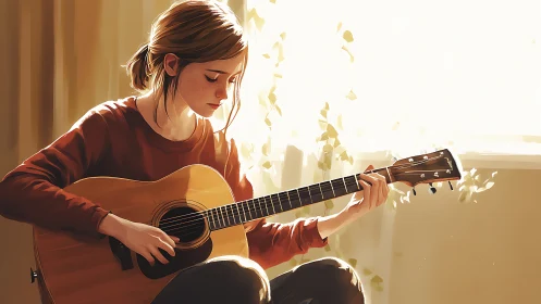 Young guitarist studies chords in warm afternoon window light