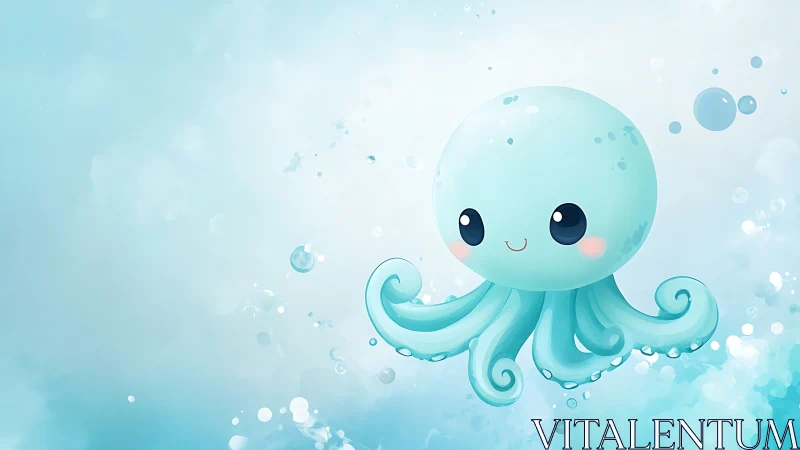 Kawaii aquatic cephalopod with soft gradient bokeh field.
