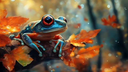 Curious autumn frog rests among glowing orange forest leaves
