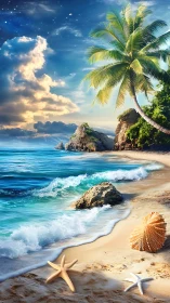 Dreamy tropical shoreline under glowing evening skies.