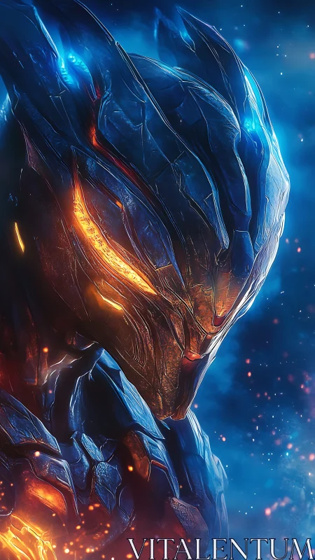 Cybernetic warrior portrait with molten orange energy cores.