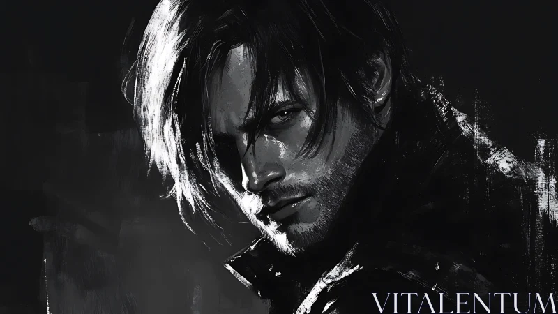 Brooding man in monochrome brushwork portrait study.