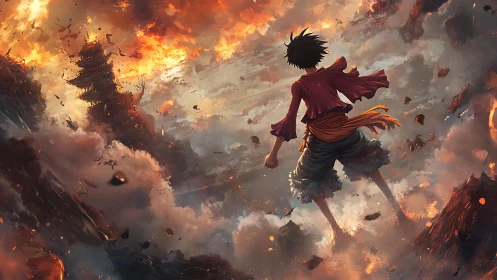 Fiery sky warrior charges burning fortress through storm