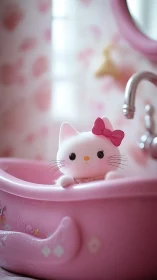 Sweet pink kitten toy peeks from a tiny bathtub in soft light