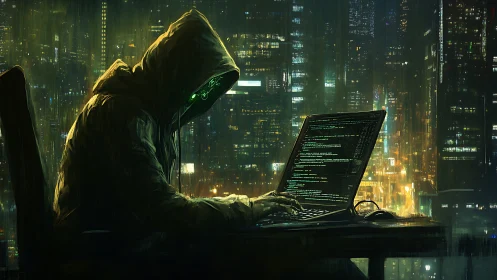 Hooded hacker types on laptop against dense neon cityscape