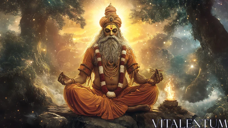 Meditating sage in glowing forest with mystical fire light.