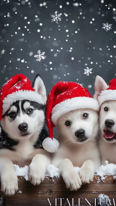 Husky puppies wear Santa hats while snow falls outdoors