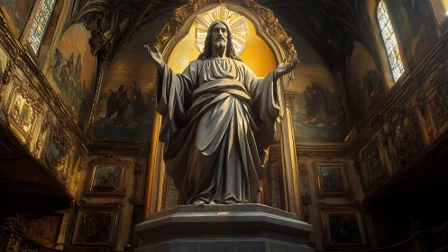 Monumental robed statue stands beneath radiant altar halo