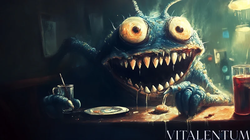 Glowing barroom goblin devouring snacks with exaggerated dentition.