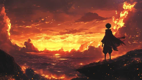 Fiery sky welcomes a lone hero standing on a cliff edge