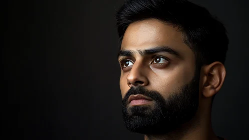 Side-lit thoughtful portrait with intense expressive gaze.