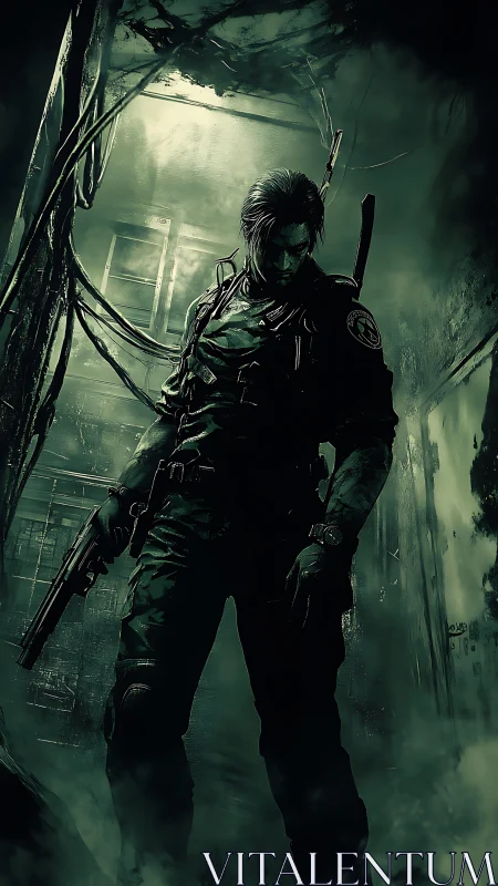 Shadow-cleaving commando stalks a toxic urban ruin.