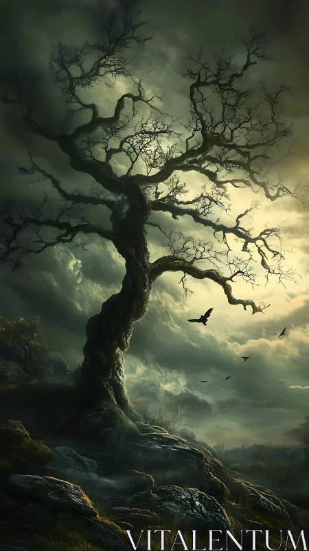 Stormlit crooked tree where twilight skies unravel.